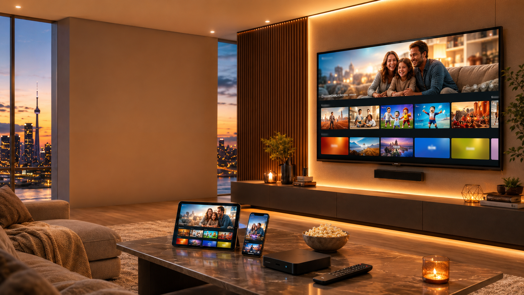 Modern Canadian living room with IPTV streaming on TV, tablet and phone overlooking the Toronto skyline