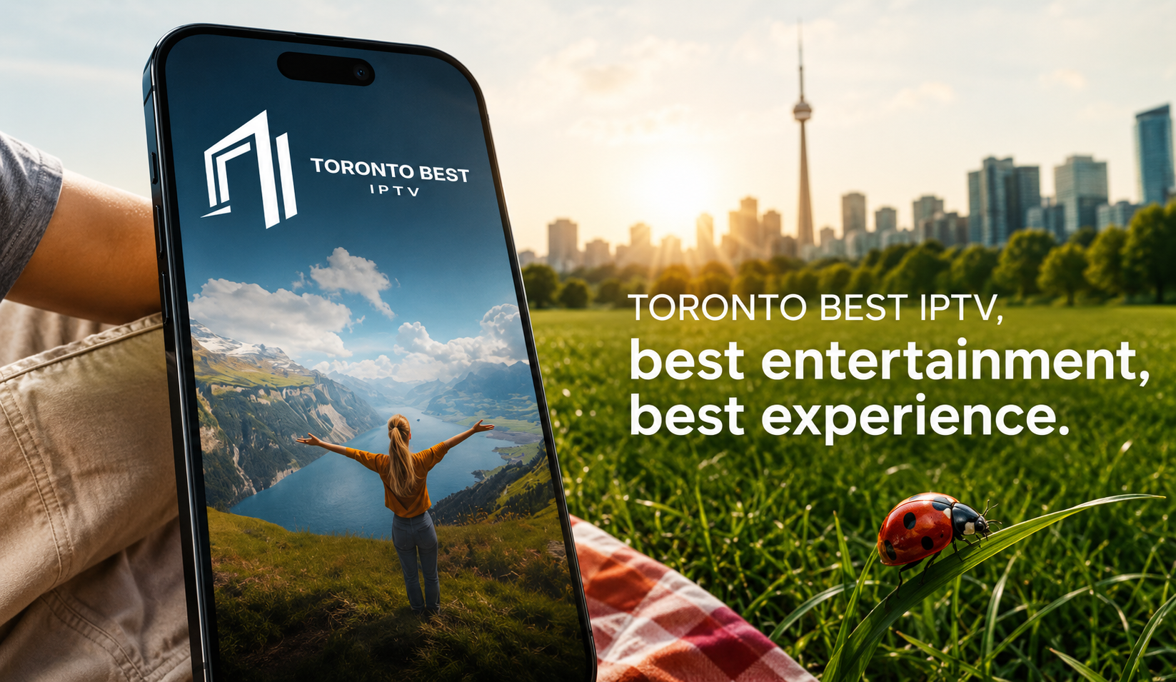 Toronto’s Best IPTV streaming on a phone outdoors with the CN Tower and Toronto skyline behind
