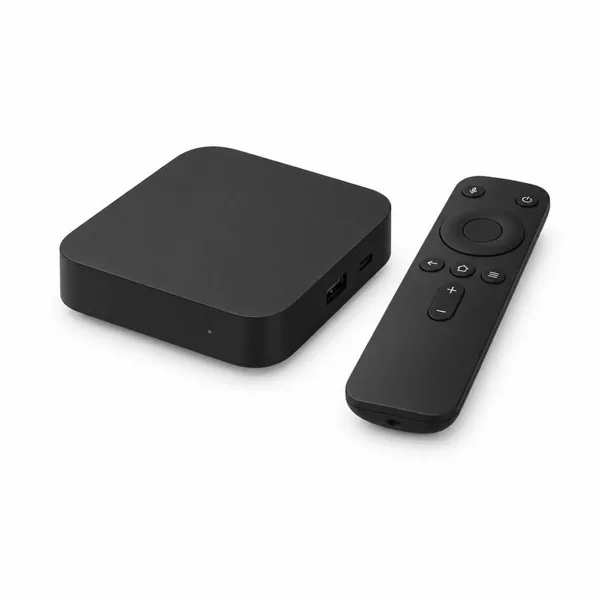 Android-style television box and remote — illustrative hardware render