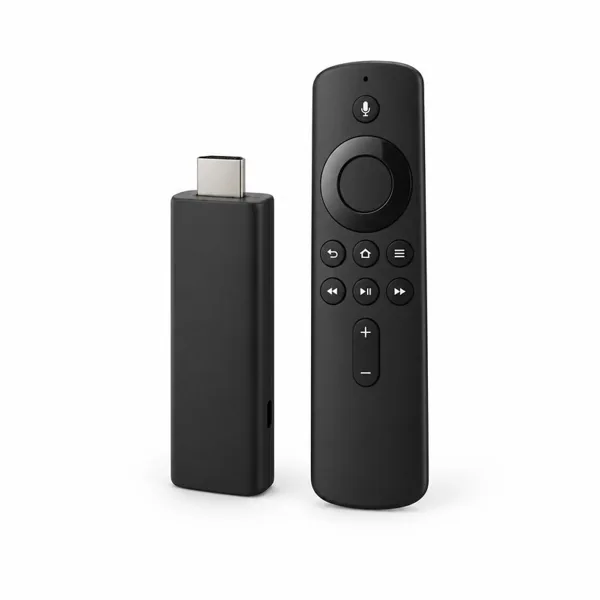 Streaming stick and remote — illustrative hardware render