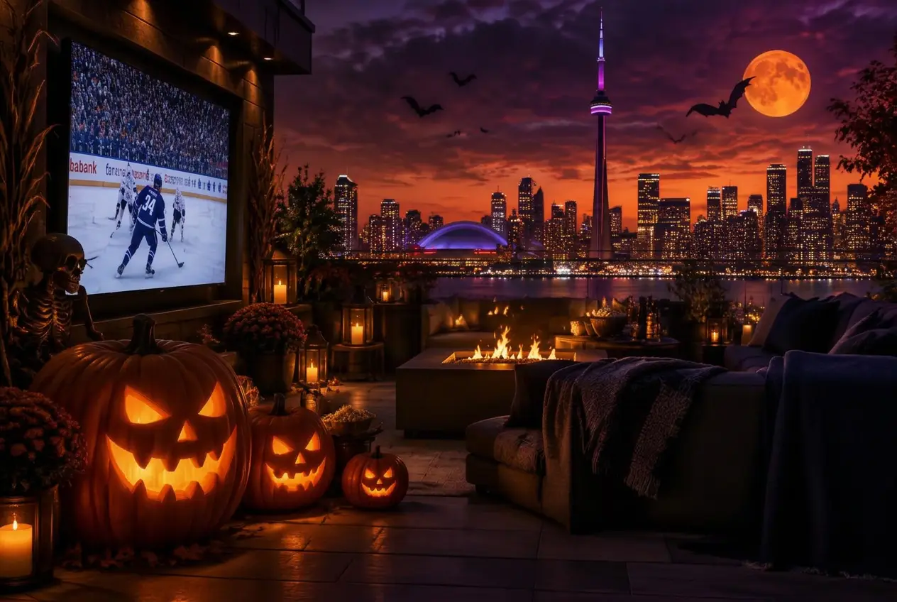 Halloween night over the Toronto skyline — jack-o-lanterns, the CN Tower and a Leafs game on an outdoor TV